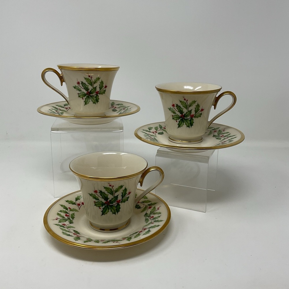 Lenox Holiday Dimensions Tea Coffee Cup Saucer Set Of 3 Holly Berries Gold